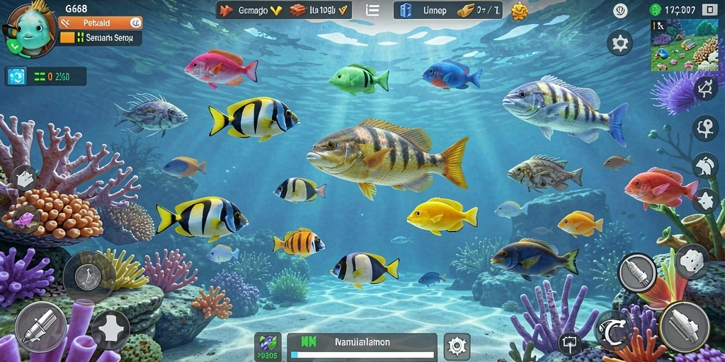 Tampilan gameplay G668 dengan berbagai ikan untuk ditangkap.