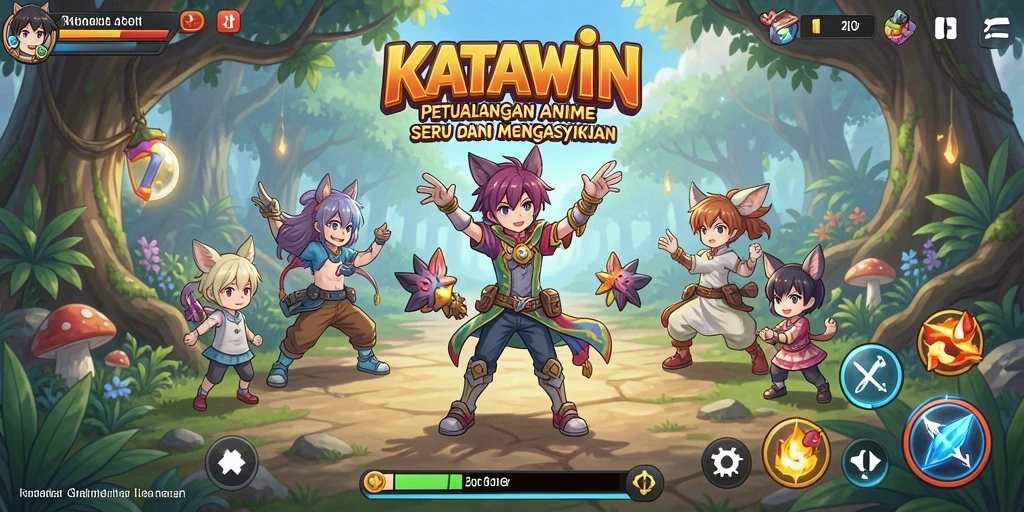 Tampilan utama gameplay KATAWIN dengan karakter anime yang dinamis.
