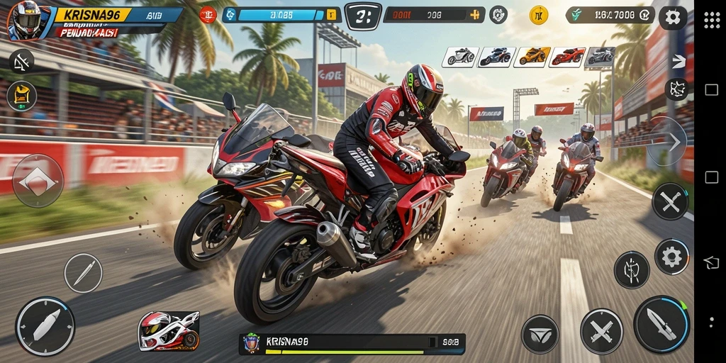 Tampilan gameplay KRISNA96 dengan balapan motor yang intens.