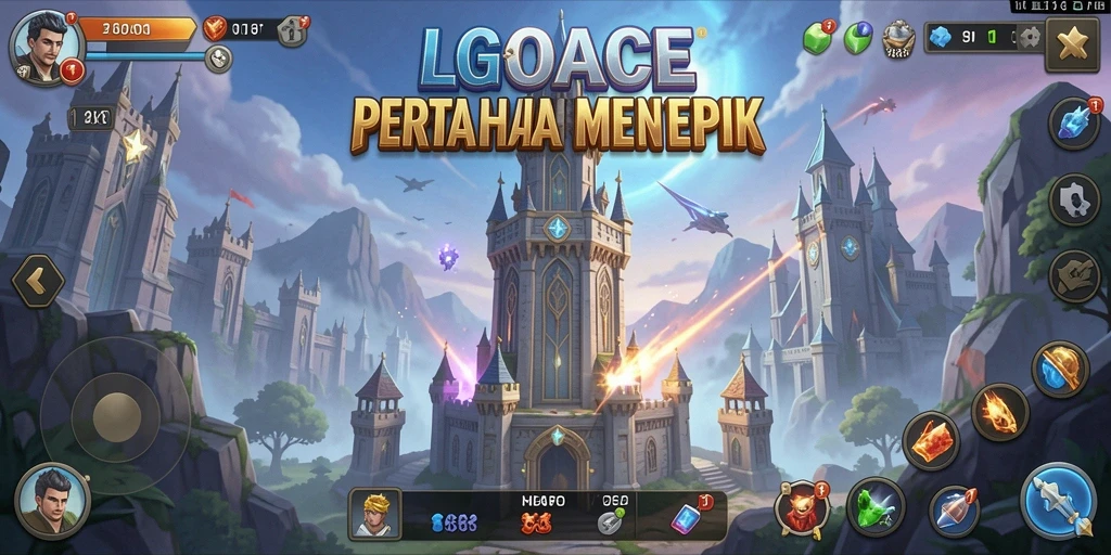 Tangkapan layar gameplay LGOACE yang menunjukkan menara mempertahankan wilayah dari serangan musuh.