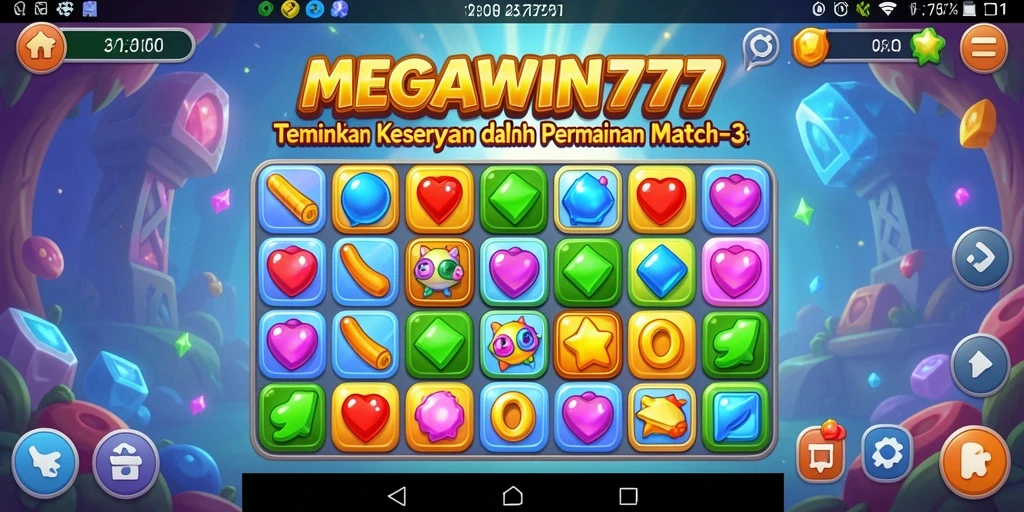 Tampilan gameplay seru dalam MEGAWIN777 dengan elemen Match-3 yang berwarna-warni.