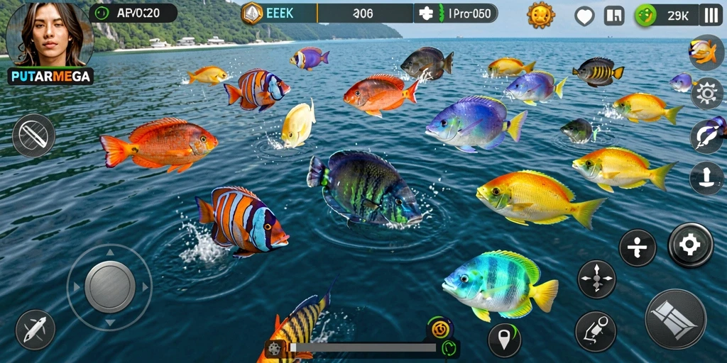 Screenshot gameplay PUTARMEGA yang seru saat menembak ikan.